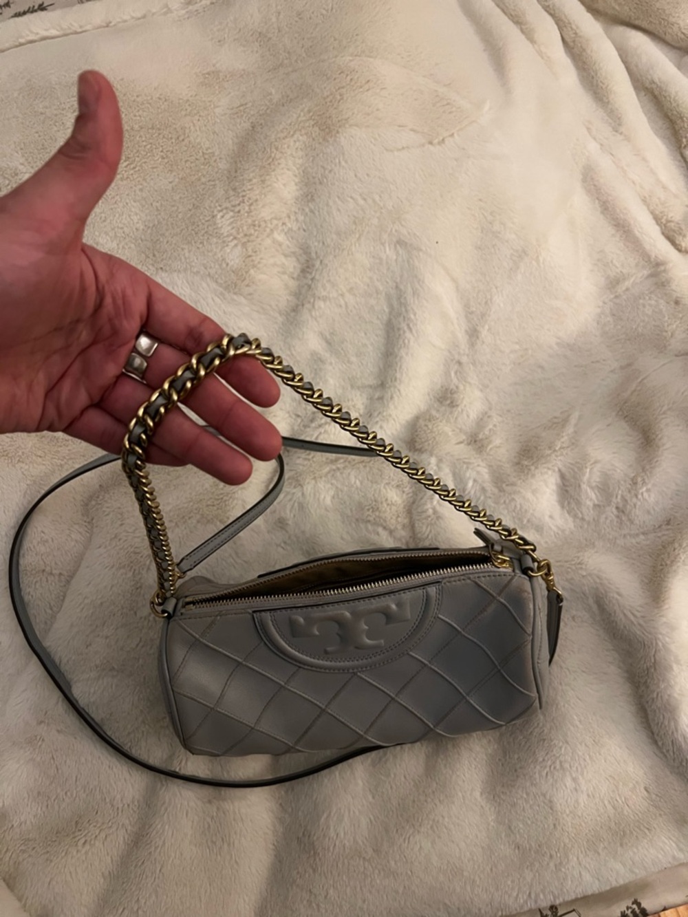 Tory Burch Quilted Gray Chain Shoulder Bag with Gold Hardware - Picture 14 of 16